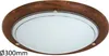 A close-up, straight-on view of a round ceiling light with a wooden frame and a frosted glass diffuser. Produktbild-Vorschau