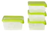 A set of clear plastic food containers with green lids are stacked and arranged on a white background. Náhled obrázku produktu