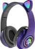 A studio product shot of a pair of purple wireless headphones with cat ears. Produktbild-Vorschau