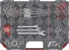 A top-down view of an open tool organizer case filled with various tools and hardware. Produktbild-Vorschau