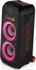 A black LG XBOOM XL9T Bluetooth speaker with pink illuminated woofers and red accents, shown against a white background. Voir les images du produit
