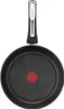 A top-down view of a black frying pan with a red heat indicator in the center and a silver and black handle. Produktbild-Vorschau