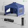 A blue pop-up canopy tent with dimensions shown, and a folded tent and carrying bag in the foreground. Produktbild-Vorschau