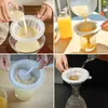 Collage of four images showing the use of nylon mesh filters for straining liquids like juice and coffee. Produktbild-Vorschau