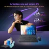 A woman is holding a tablet with a keyboard and stylus, showcasing its PC-like functionality. The background features abstract purple light streaks. Produktbild-Vorschau