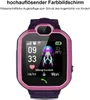 A pink and purple smartwatch with a camera on top, displaying a jellyfish graphic and time. Produktbild-Vorschau