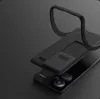 A black phone case with a sliding camera cover and a ring stand is shown in a studio shot against a dark background. Podgląd zdjęcia produktu