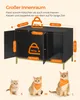 A diagram showing a black cat litter box enclosure with dimensions and weight capacities, alongside three cats of varying sizes labeled S, M, and L. Produktbild-Vorschau
