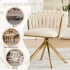 A collage showing a beige velvet swivel chair with gold legs, with inset images of an office desk, a restaurant dining area, and a kitchen. Produktbild-Vorschau