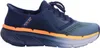 A side view of a blue Skechers slip-on athletic shoe with orange accents. Produktbild-Vorschau