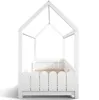 A white house-shaped bed frame with a picket fence-style guardrail and a wooden slatted base, shown from the front. Náhled obrázku produktu