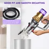 A hand is holding a vacuum cleaner, emptying its dustbin into a trash can. A close-up inset shows a rubber seal. Produktbild-Vorschau