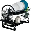 A black two-tier dish drying rack filled with plates, bowls, cups, and cutlery. Produktbild-Vorschau