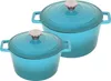 Two turquoise cast iron Dutch ovens of different sizes are shown against a white background. Produktbild-Vorschau