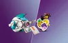 A split image showing a LEGO spaceship on the left and a LEGO minifigure holding stickers on the right, against a gradient purple background. Náhled obrázku produktu