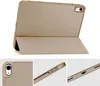 A gold iPad case is shown in a folded position, propped up like a stand. Below the main image are three close-up shots of the case, showing the camera cutout, side buttons, and charging port. Produktbild-Vorschau