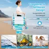 A woman carrying a folded beach chair on a beach, with smaller inset images showing fishing, camping, and a beach party. Produktbild-Vorschau
