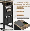 A close-up view of a side table with storage pockets and a charging station, with marketing text highlighting its storage capacity. Produktbild-Vorschau