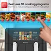 A close-up of an air fryer's digital display and a marketing overlay showing cooking program icons. Produktbild-Vorschau