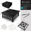 A collage of images showing a fire pit, its cover, accessories, and dimensions. Produktbild-Vorschau