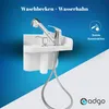 A white sink with a faucet and a hose is shown against a blue and white background. Text and a logo are present. Anteprima dell’immagine prodotto