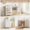 A collage showing a white sewing cabinet in different states of being folded and unfolded. It includes close-ups of storage compartments and dimensions. Produktbild-Vorschau