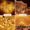 Collage of images showing LED string lights used indoors and outdoors, including a party tent and a house decorated for holidays. Produktbild-Vorschau