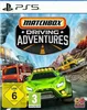 The image is a video game cover for 'Matchbox Driving Adventures' on PS5. It features several toy-like vehicles, including a green off-road vehicle, a red fire truck, and a yellow pickup truck, driving on a road with a mountainous, volcanic background. The Produktbild-Vorschau
