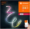A flexible LED light strip is shown in a curved, flowing shape against a dark background, with marketing information on the right side. Produktbild-Vorschau