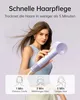 A woman is holding a purple hairdryer, with graphics indicating drying times for different hair lengths. Produktbild-Vorschau