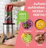 A GOURMETmaxx nutrition mixer is shown with various ingredients and prepared foods, along with marketing text. Voir les images du produit