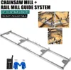 A chainsaw mill guide system with accompanying accessories, presented with informational text and inset images showing its use. Voir les images du produit