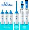 A product image showcasing a handheld vacuum cleaner with various attachments and demonstrating its multi-functional capabilities. Produktbild-Vorschau
