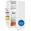 A white refrigerator with its door open, showing some food items inside. Several award badges are attached to the left side of the refrigerator. Produktbild-Vorschau