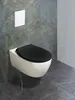 A wall-mounted toilet with a black seat is shown in a modern bathroom with marble-effect tiles. Anteprima dell’immagine prodotto