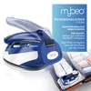 A blue and white travel iron is shown in its folded and unfolded states, alongside a suitcase packed with clothing and shoes. Text overlays describe its features and portability. Produktbild-Vorschau