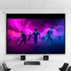 A projection screen displaying a video of football players with neon green helmets and accents against a vibrant purple and pink smoky background. The screen is mounted on a wall above a white cabinet with two black speakers. Produktbild-Vorschau
