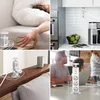 Collage of four images showing a retractable power outlet in different settings: on a bedside table, in a kitchen, on a shelf near a sofa, and on a conference table. Produktbild-Vorschau