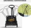 A black foldable dog stroller is shown from the front, with ghosted images of the handle in different positions behind it. A circular inset shows the handle being rotated in a grassy area. Produktbild-Vorschau