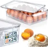 A collage of images showing a clear plastic egg container filled with eggs, a close-up of the container with a label, and two eggs with one cracked open, next to a pile of flour with an egg yolk. Náhled obrázku produktu