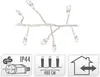 A close-up of LED cluster string lights with product information icons below. Produktbild-Vorschau