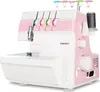 A pink and white overlock sewing machine is shown against a white background. Produktbild-Vorschau