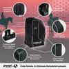 A black riding boot backpack with various features highlighted by callouts and dotted lines, set against a beach scene with silhouettes of horses and riders. Anteprima dell’immagine prodotto