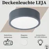 A close-up marketing image of a round, gray ceiling light with a white diffuser, set against a light beige background. Text and icons describe product features. Produktbild-Vorschau