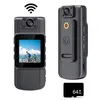 Two views of a small black body camera and a 64GB memory card. Produktbild-Vorschau