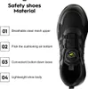 A top-down view of a black safety shoe with yellow accents, next to a list of its features. Produktbild-Vorschau