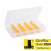 A transparent plastic storage box with yellow dividers, shown open. Voir les images du produit