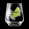 A clear glass filled with water, ice cubes, and a slice of lime against a black background. Produktbild-Vorschau