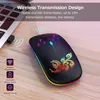 A wireless mouse with colorful LED lights and a phoenix design is placed on a wooden surface next to a laptop. Produktbild-Vorschau