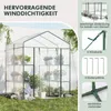 A greenhouse filled with plants, with text overlays highlighting features. Voir les images du produit